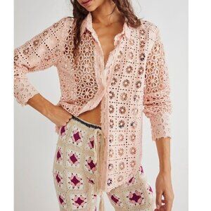 Free People One Yesenia Pink Floral Eyelet Button Up Shirt Shacket Boho Size XS